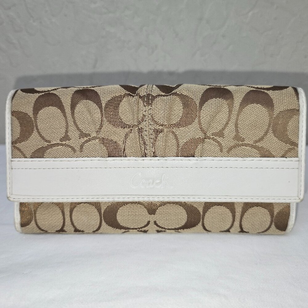 Coach Khaki Signature Canvas & White Leather Lined Checkbook Wallet NO Ckbk Cvr